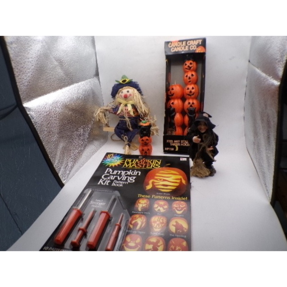 Vintage Halloween Decor Bundle Pumpkin Candles Scarecrow Witch Carving Kit